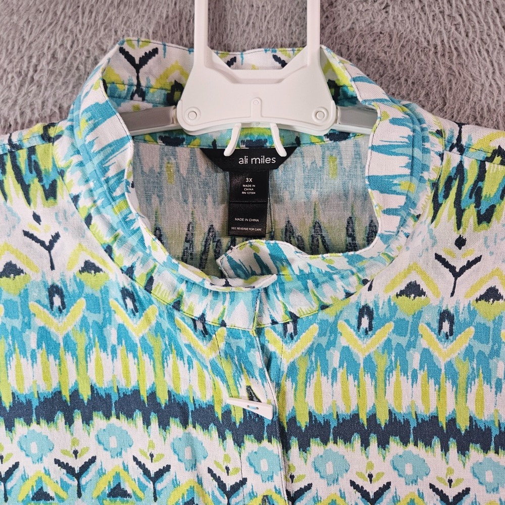 NWT Ali Miles Tunic Shirt Top Women 3X Linen Blend Geometric Blue Green NEW